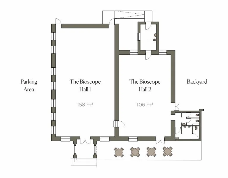 Floor plan of The Bioscope Venue: Hall 1, 158m², beside the parking area at the front, and Hall 2, 106m², at the back opening onto the backyard and deck